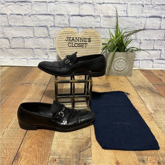 Prada Men Size 7 Black Leather  Metal Horse Bit Slip On Loafer Dress Shoes - Picture 1 of 16